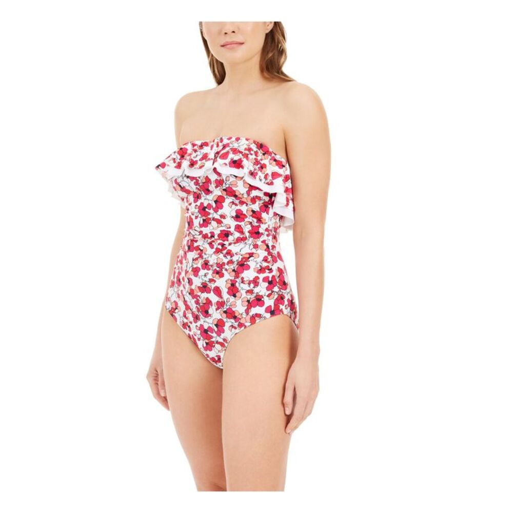 TOMMY HILFIGER Women's Pink Removable Cups Ruffled Bandeau One Piece Swimsuit 18